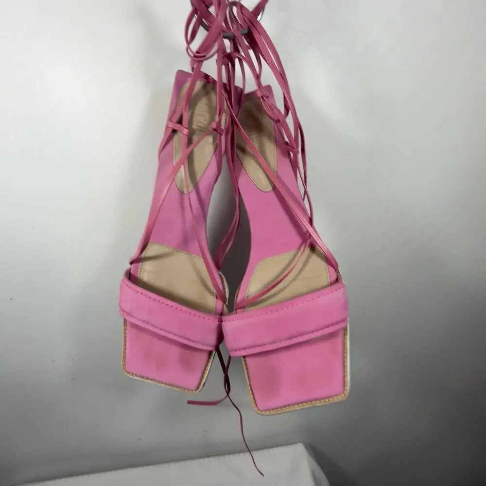 Jacquemus Pink Suede Ankle Tie Block Heel Sandals Size 8 UK 39 - Picture 7 of 15
